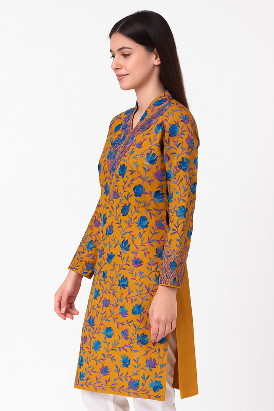 Kashmir Gallery Kashmiri Kurti for Women Cotton Kurti with Embroidery - Mustard