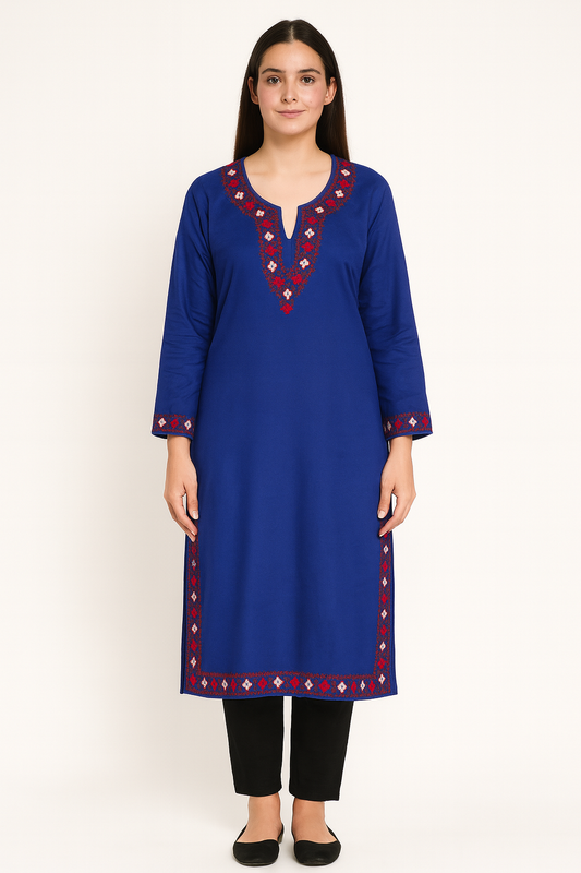 Kashmiri Kurti for Women Pure Cotton Kurti with Embroidery - Blue