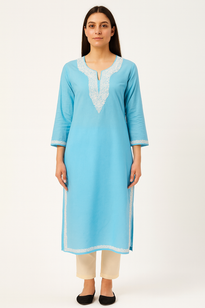 Kashmiri Kurti for Women Pure Cotton Kurti with Embroidery - Sky Blue