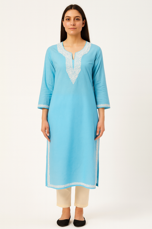Kashmiri Kurti for Women Pure Cotton Kurti with Embroidery - Sky Blue