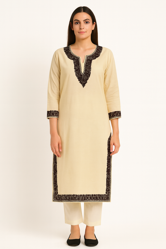 Kashmiri Kurti for Women Pure Cotton Kurti with Embroidery - Beige