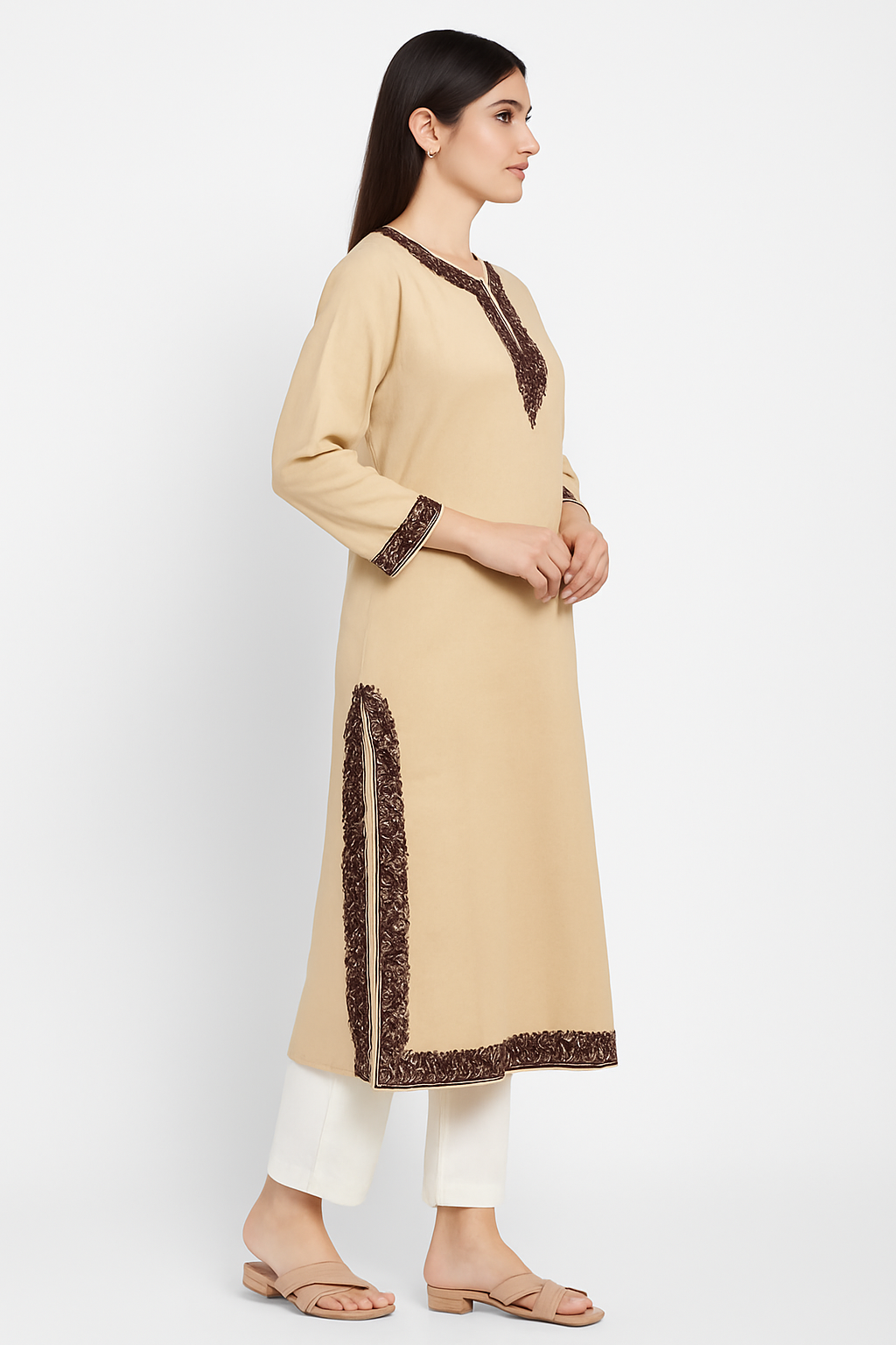 Kashmiri Kurti for Women Pure Cotton Kurti with Embroidery - Beige