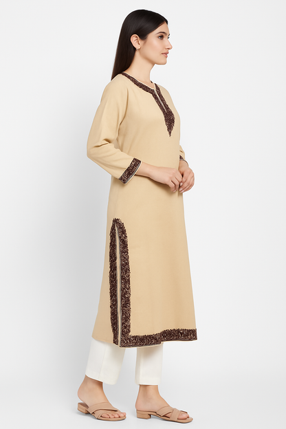 Kashmiri Kurti for Women Pure Cotton Kurti with Embroidery - Beige