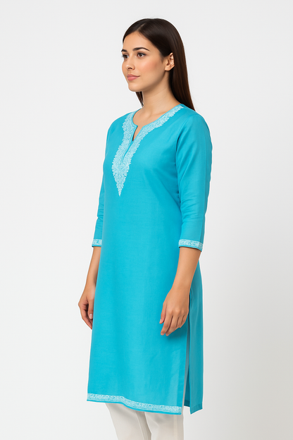 Kashmiri Kurti for Women Pure Cotton Kurti with Embroidery - Sky Blue