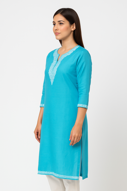 Kashmiri Kurti for Women Pure Cotton Kurti with Embroidery - Sky Blue