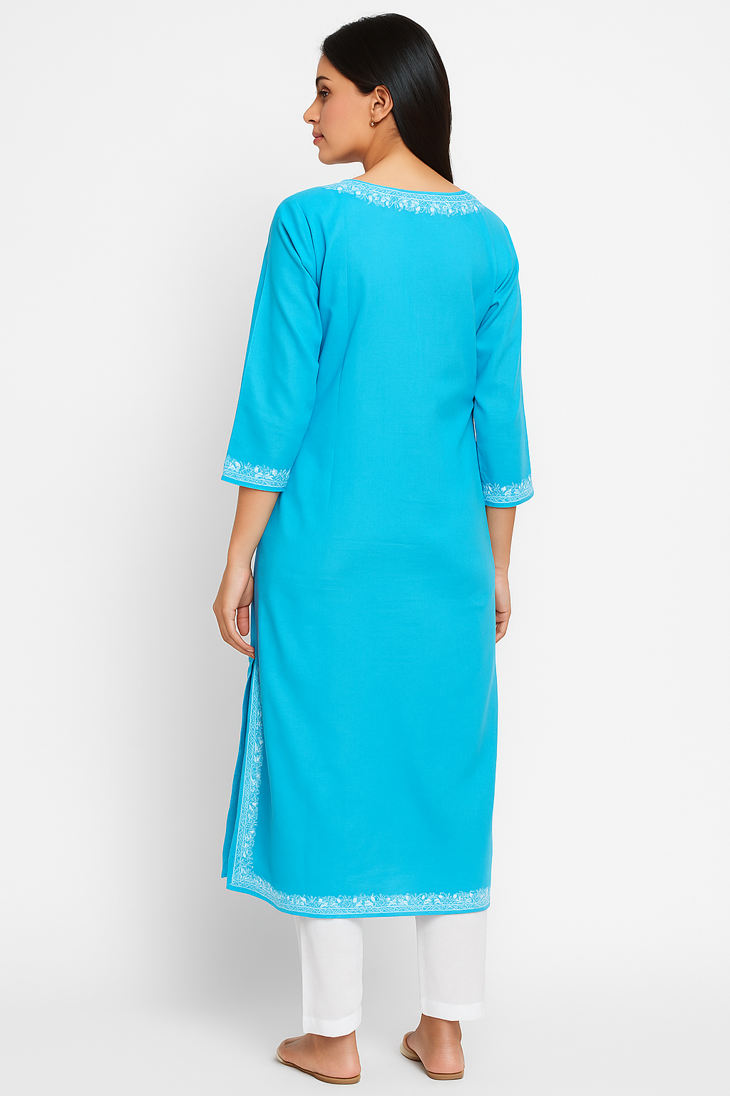Kashmiri Kurti for Women Pure Cotton Kurti with Embroidery - Sky Blue