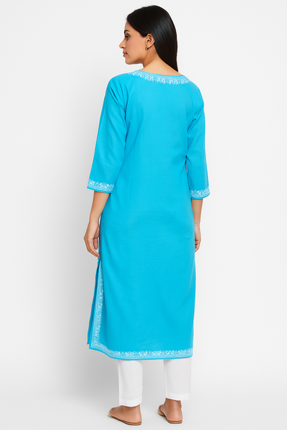 Kashmiri Kurti for Women Pure Cotton Kurti with Embroidery - Sky Blue