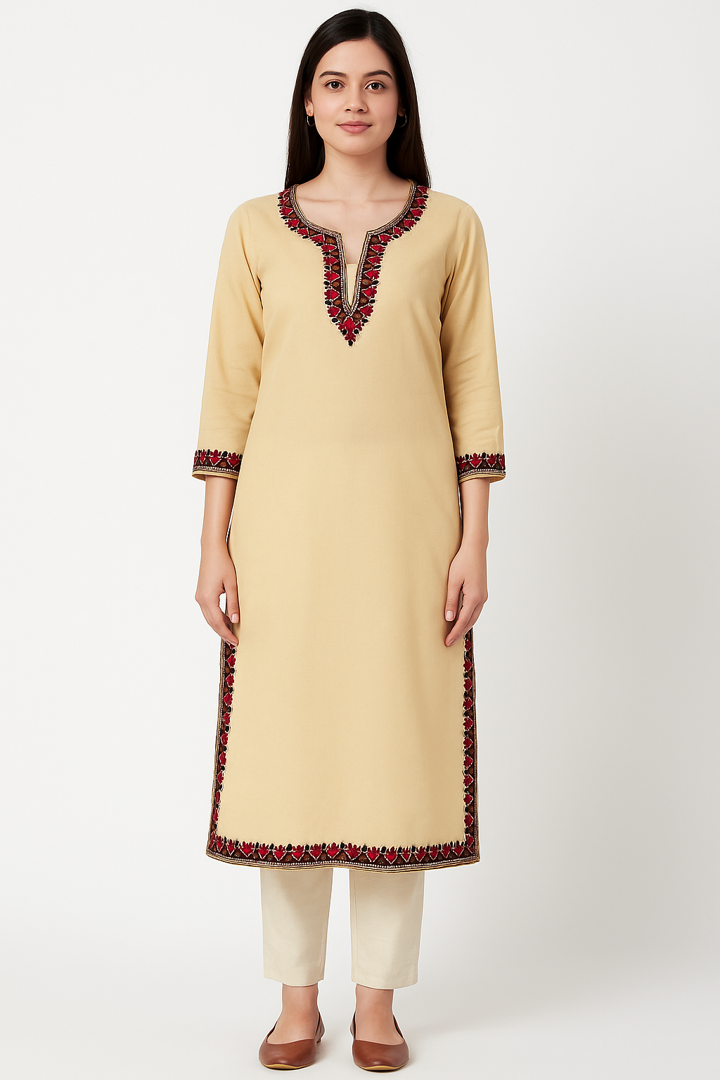 Kashmiri Kurti for Women Pure Cotton Kurti with Embroidery - beige2