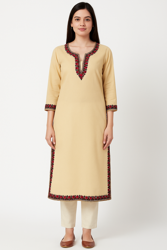 Kashmiri Kurti for Women Pure Cotton Kurti with Embroidery - beige2