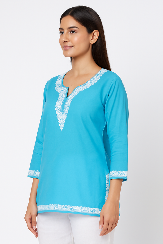 Kashmiri Kurti for Women Pure Cotton Kurti with Embroidery - skyblue2