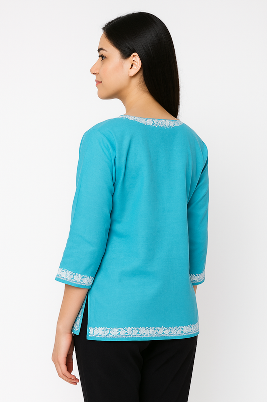 Kashmiri Kurti for Women Pure Cotton Kurti with Embroidery - skyblue2