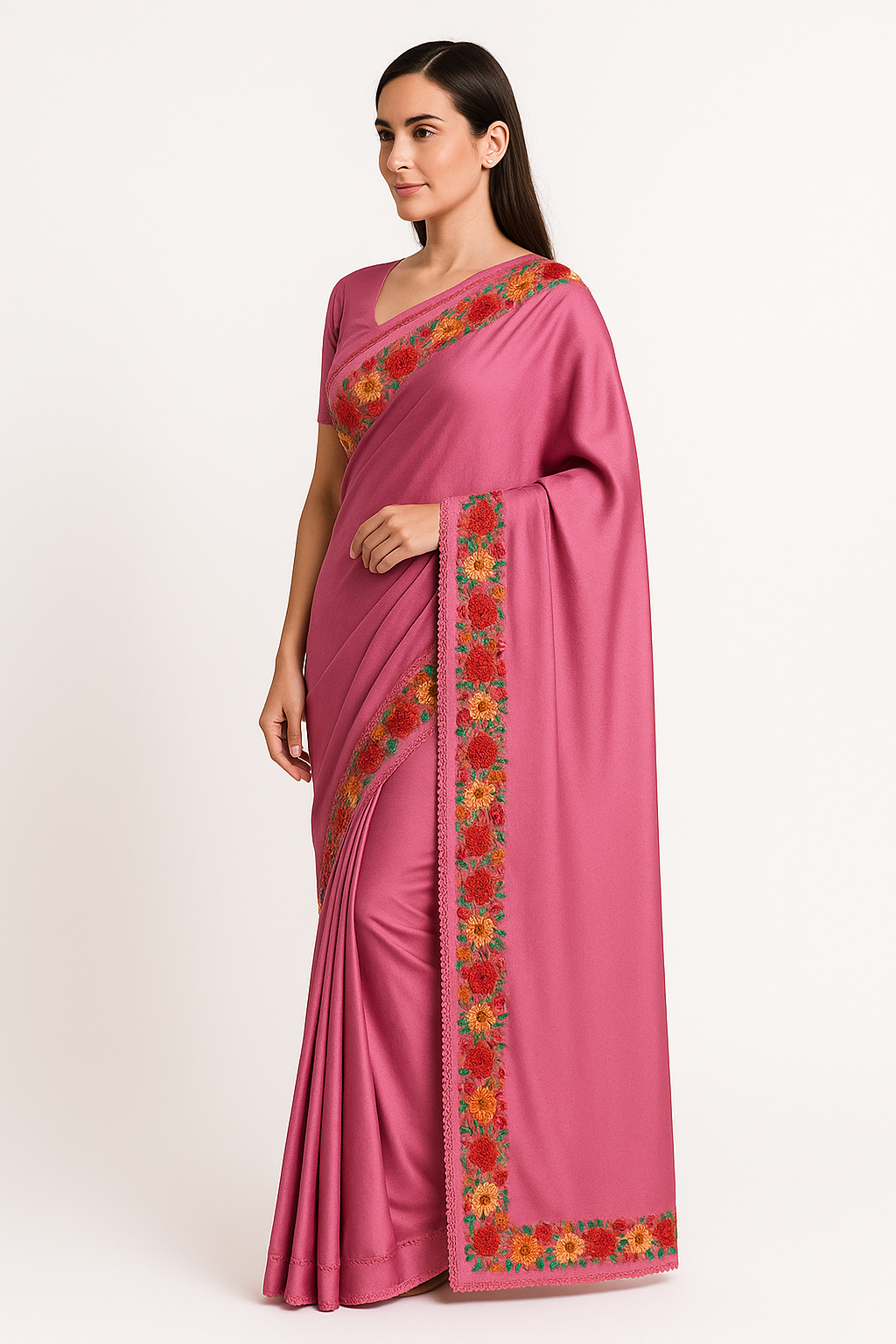 Kashmir Gallery- Women's Crepe Sarees Embroidered with Kashmiri Aari work | Stylish Saree with Unstitched Blouse Pieces