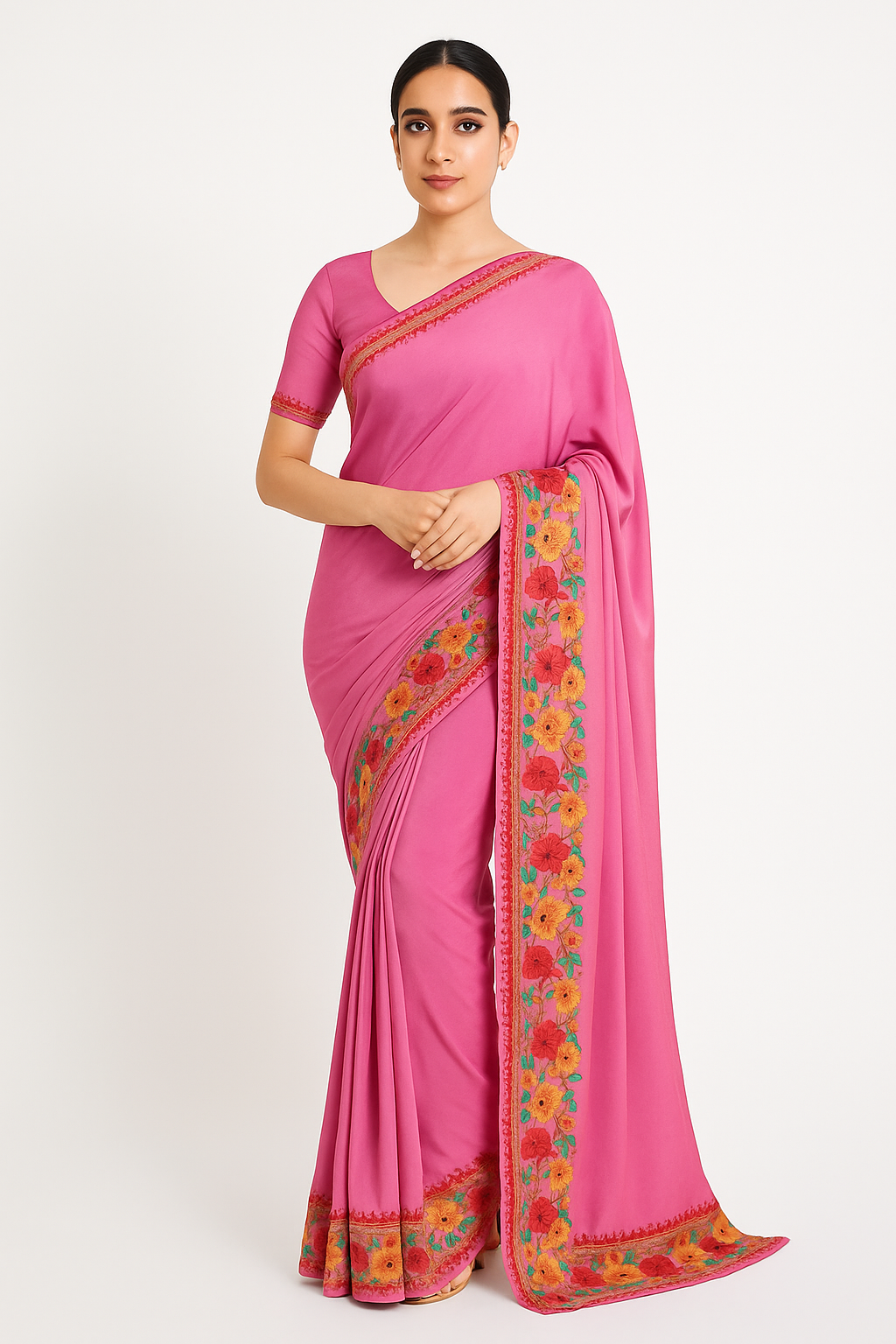 Kashmir Gallery- Women's Crepe Sarees Embroidered with Kashmiri Aari work | Stylish Saree with Unstitched Blouse Pieces