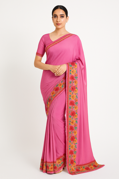 Kashmir Gallery- Women's Crepe Sarees Embroidered with Kashmiri Aari work | Stylish Saree with Unstitched Blouse Pieces