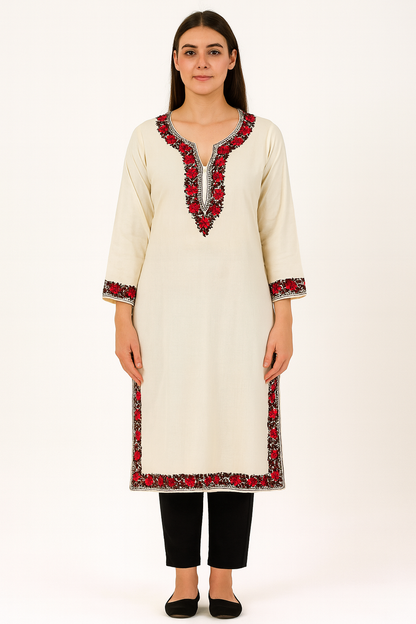 Kashmiri Kurti for Women Pure Cotton Kurti with Embroidery - Cream