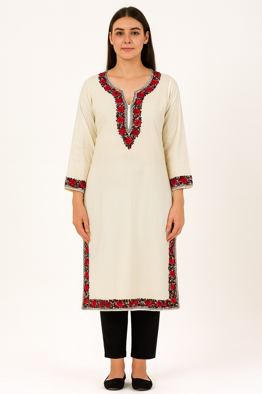 Kashmiri Kurti for Women Pure Cotton Kurti with Embroidery - Cream