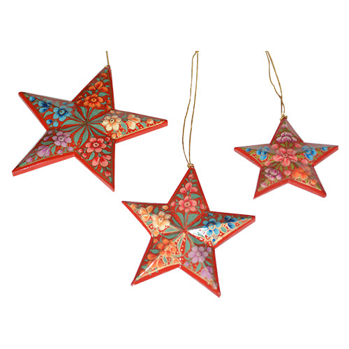 Kashmir Gallery Kashmiri Paper Mache Wooden Hanging Stars for Ceiling Walls. Christmas Tree, Small Christmas Tree, Tree Tops Office and Car Decoration.- Set of 3