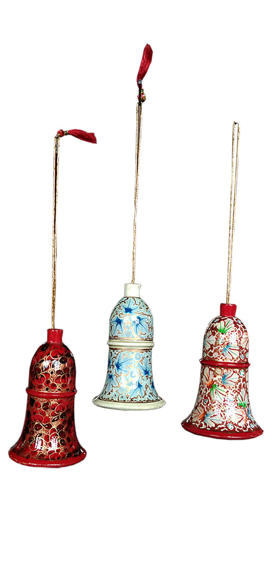 Paper Mache Multi Color Set of 3 Hand Made Kashmiri Floral Embroidery 3 inch Tall Wooden Bells
