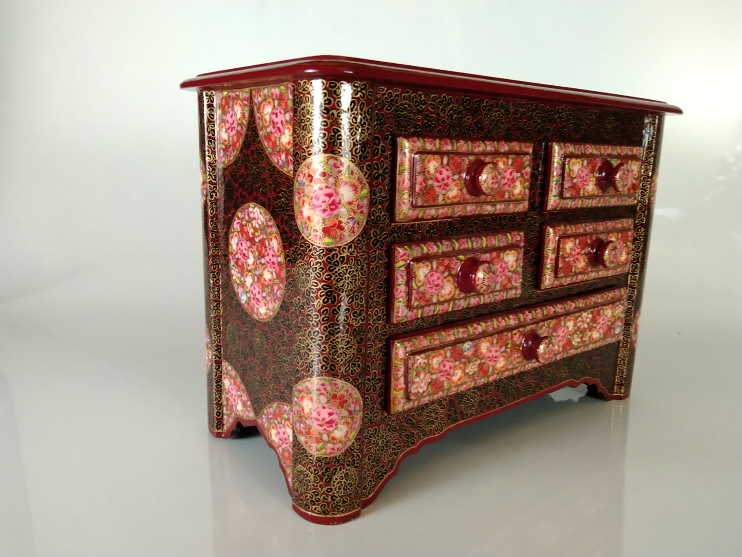 Kashmiri Paper Mache Wooden Jewelry Box for Women Jewelry Organizer 5 Drawers 12 Inches Height 8 Inches Width Painted with Beautiful Hand Embroidery