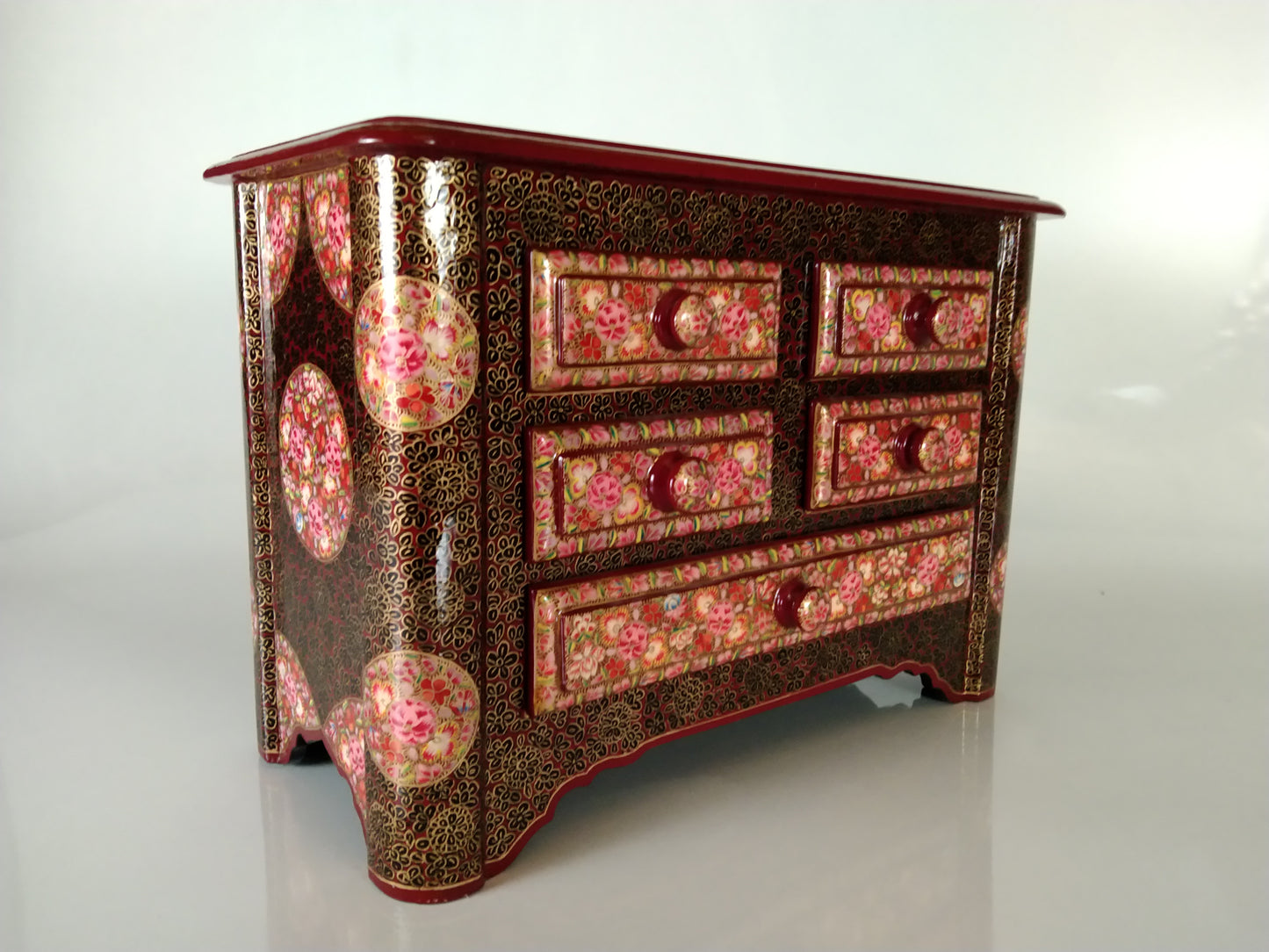 Kashmiri Paper Mache Wooden Jewelry Box for Women Jewelry Organizer 5 Drawers 12 Inches Height 8 Inches Width Painted with Beautiful Hand Embroidery