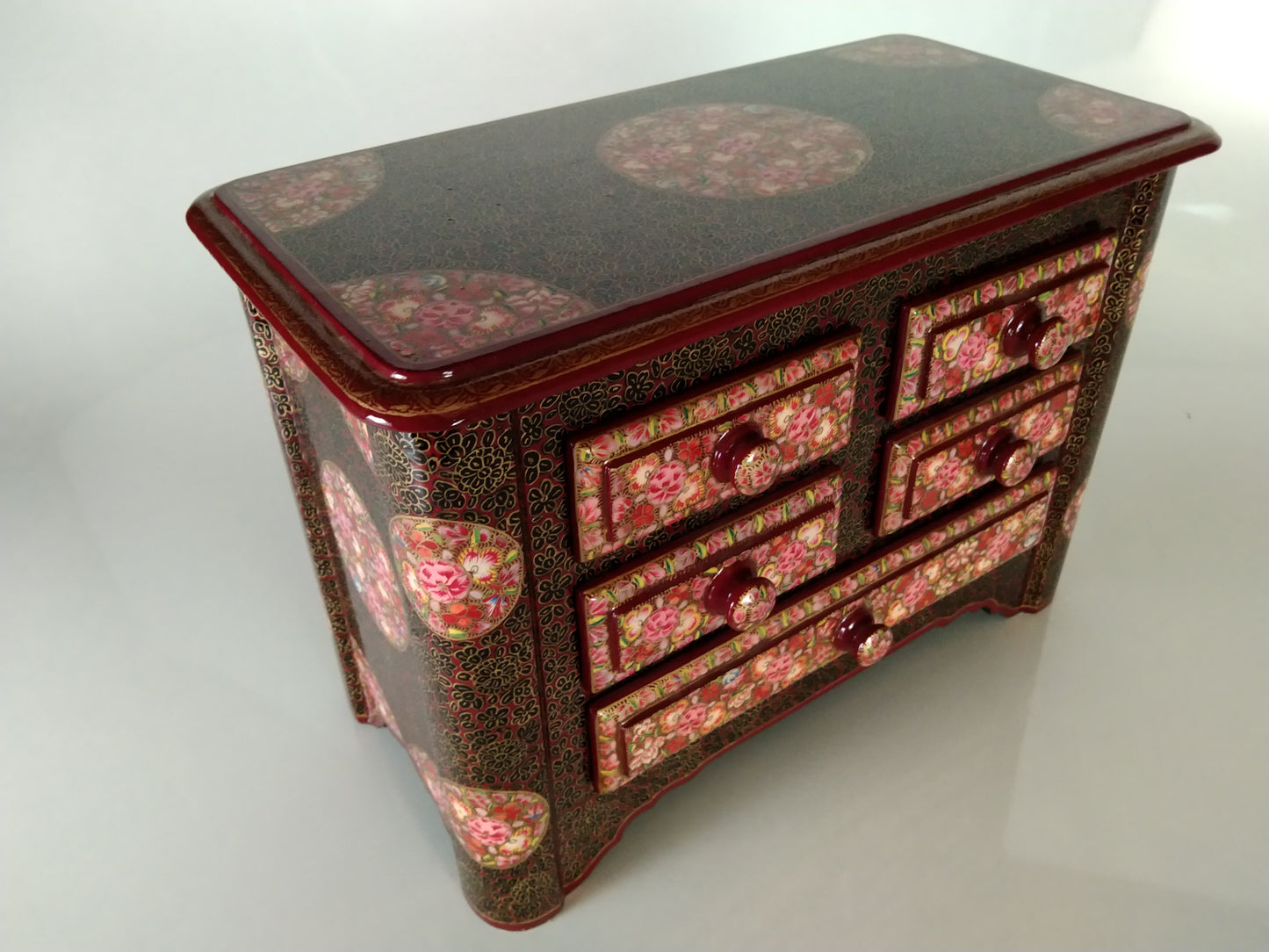 Kashmiri Paper Mache Wooden Jewelry Box for Women Jewelry Organizer 5 Drawers 12 Inches Height 8 Inches Width Painted with Beautiful Hand Embroidery