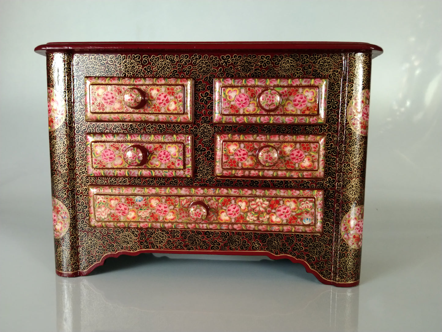 Kashmiri Paper Mache Wooden Jewelry Box for Women Jewelry Organizer 5 Drawers 12 Inches Height 8 Inches Width Painted with Beautiful Hand Embroidery