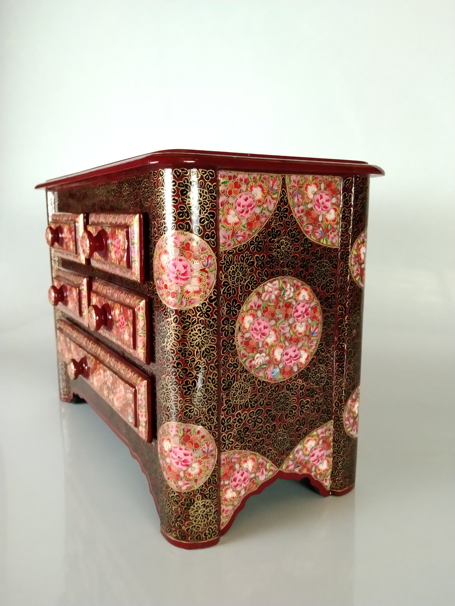 Kashmiri Paper Mache Wooden Jewelry Box for Women Jewelry Organizer 5 Drawers 12 Inches Height 8 Inches Width Painted with Beautiful Hand Embroidery
