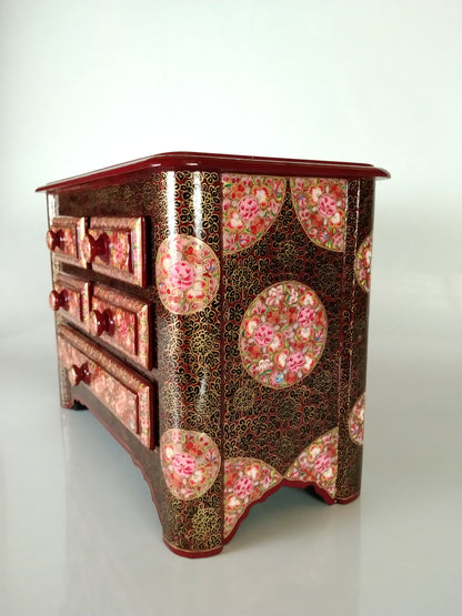 Kashmiri Paper Mache Wooden Jewelry Box for Women Jewelry Organizer 5 Drawers 12 Inches Height 8 Inches Width Painted with Beautiful Hand Embroidery