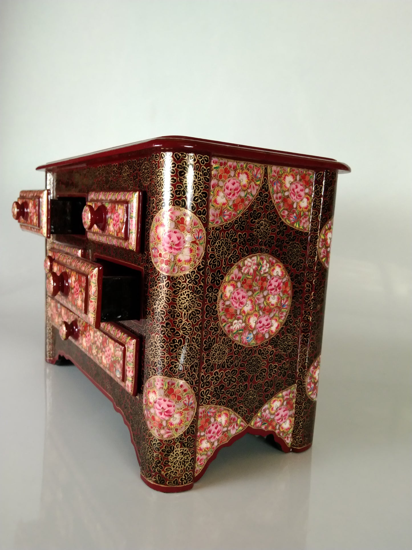 Kashmiri Paper Mache Wooden Jewelry Box for Women Jewelry Organizer 5 Drawers 12 Inches Height 8 Inches Width Painted with Beautiful Hand Embroidery