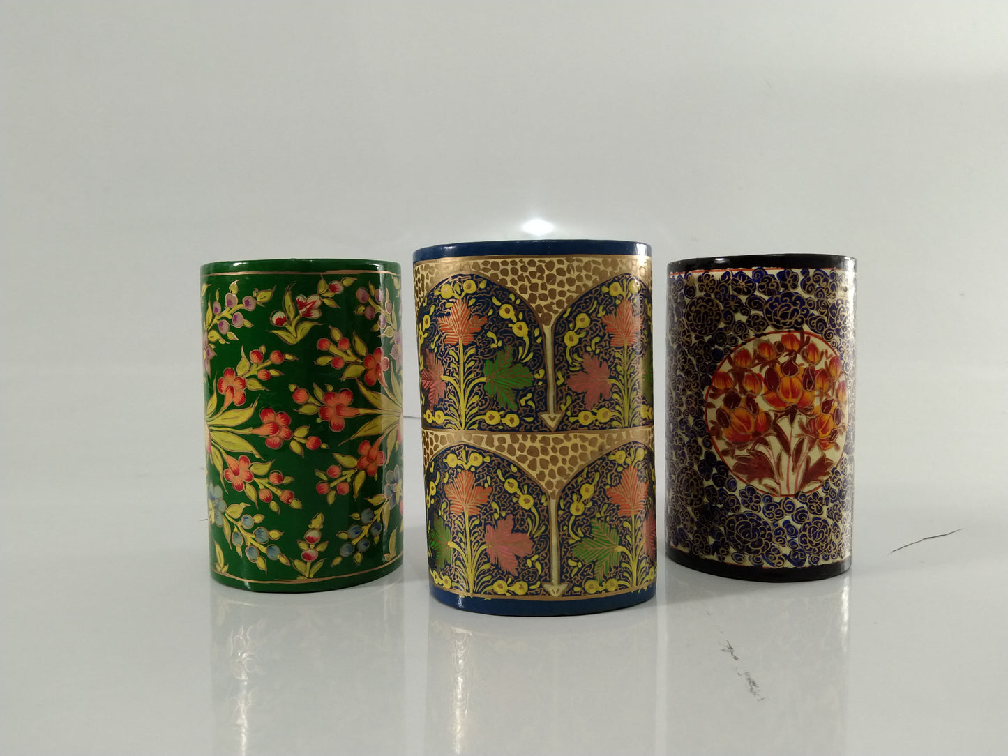 Kashmir Gallery Wooden pen holder Decorative Item Painted with Kashmiri Hand Embroidery-set of 3