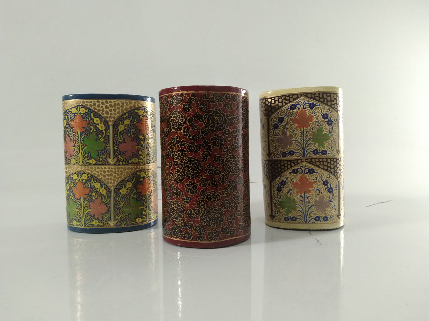 Kashmir Gallery Wooden pen holder Decorative Item Painted with Kashmiri Hand Embroidery-set of 3