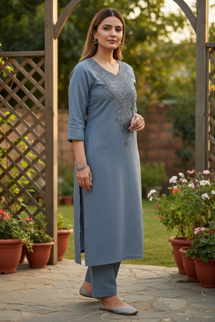 Kashmiri Supan Suits With Aari Embroidery   - Blue