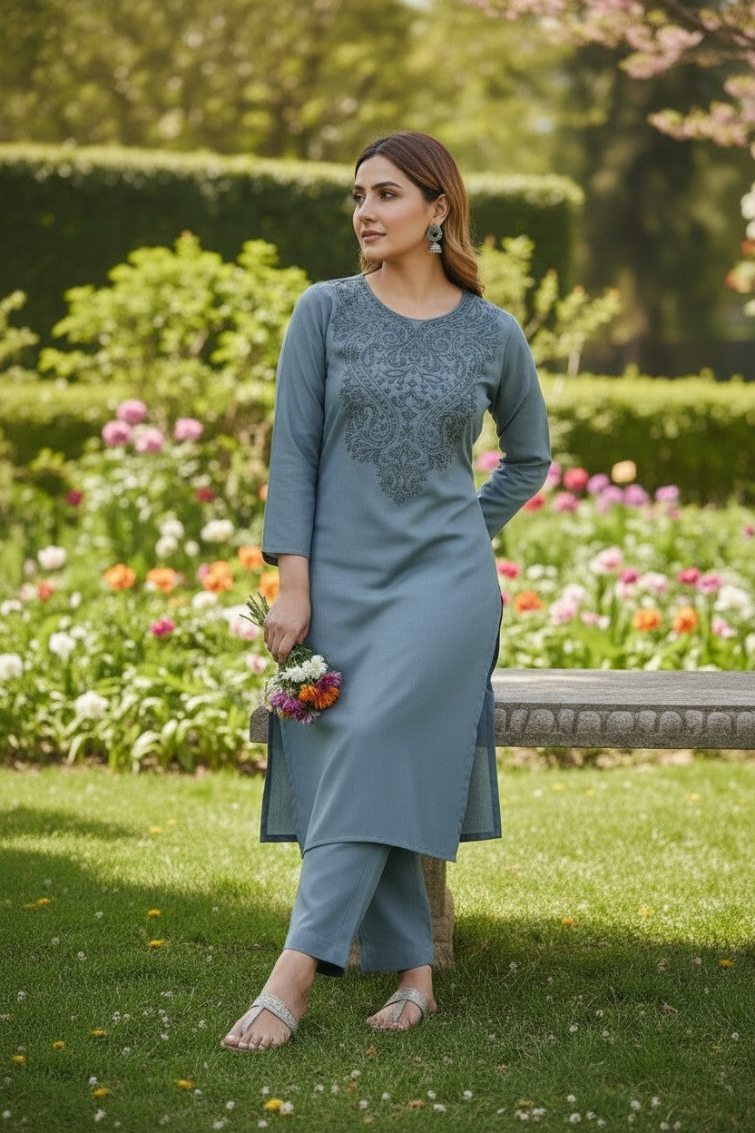 Kashmiri Supan Suits With Aari Embroidery   - Blue