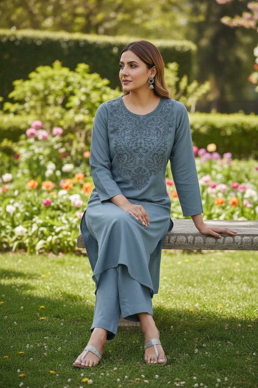Kashmiri Supan Suits With Aari Embroidery   - Blue
