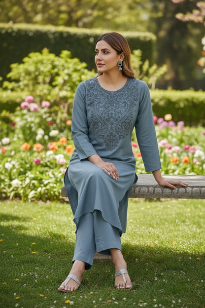 Kashmiri Supan Suits With Aari Embroidery   - Blue