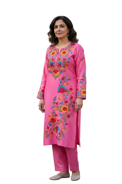 Kashmiri Supan Suits With Aari Embroidery   - Pink