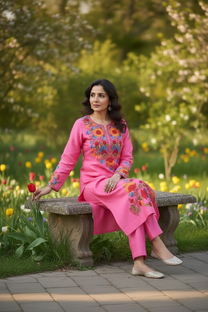 Kashmiri Supan Suits With Aari Embroidery   - Pink