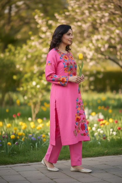 Kashmiri Supan Suits With Aari Embroidery   - Pink