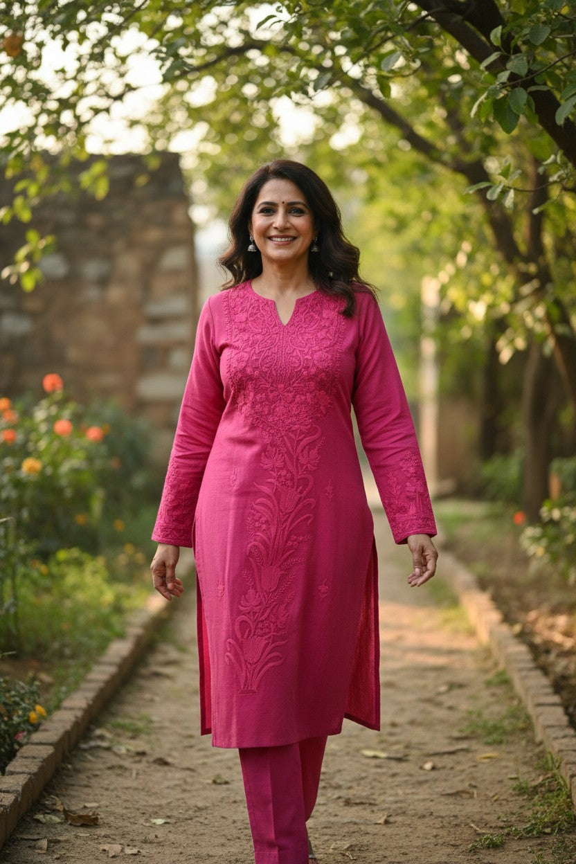 Kashmiri Supan Suits With Aari Embroidery   - Pink