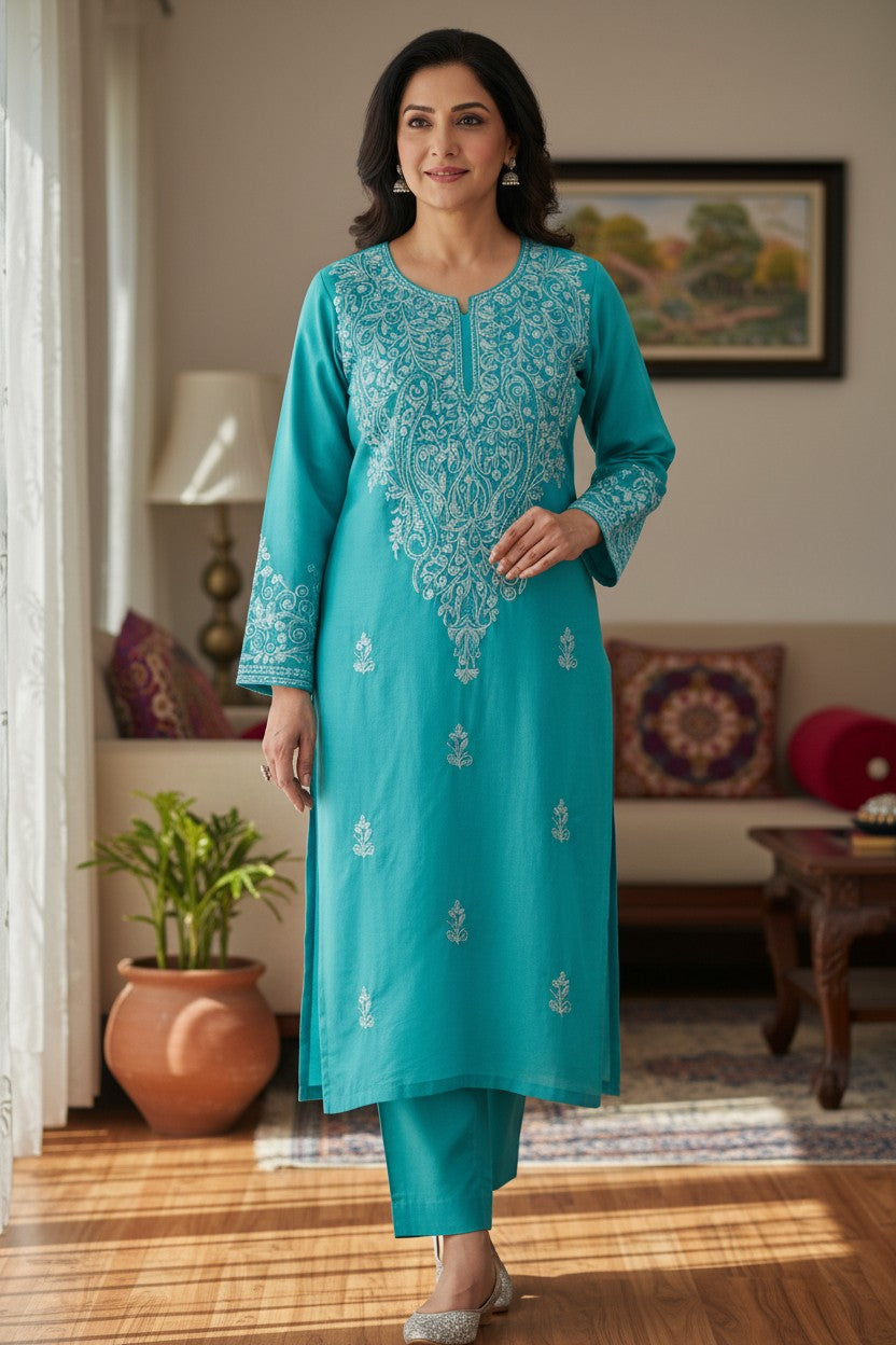 Kashmiri Supan Suits With Aari Embroidery   - Turquoise