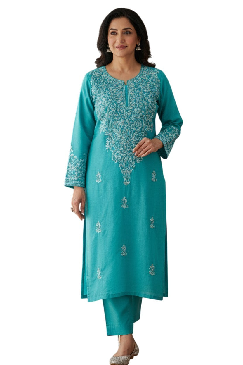 Kashmiri Supan Suits With Aari Embroidery   - Turquoise