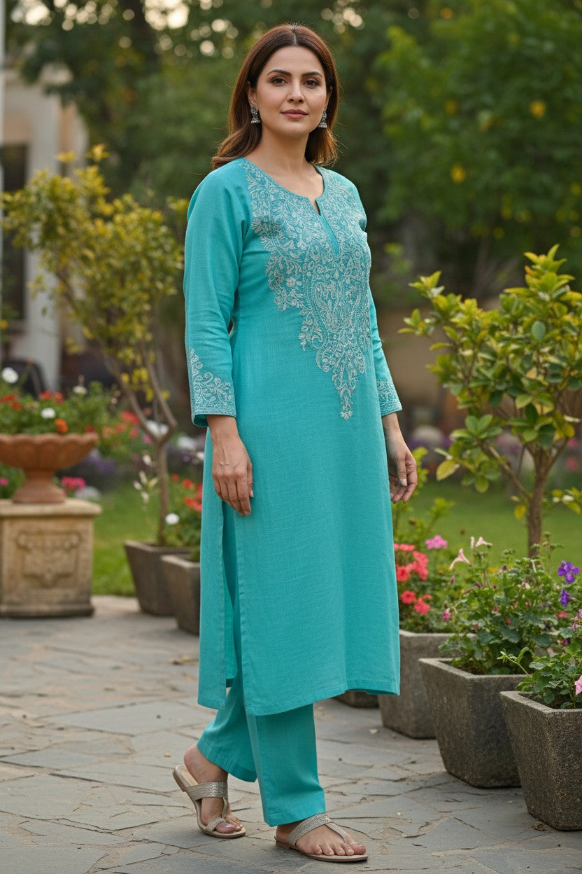 Kashmiri Supan Suits With Aari Embroidery   - Turquoise
