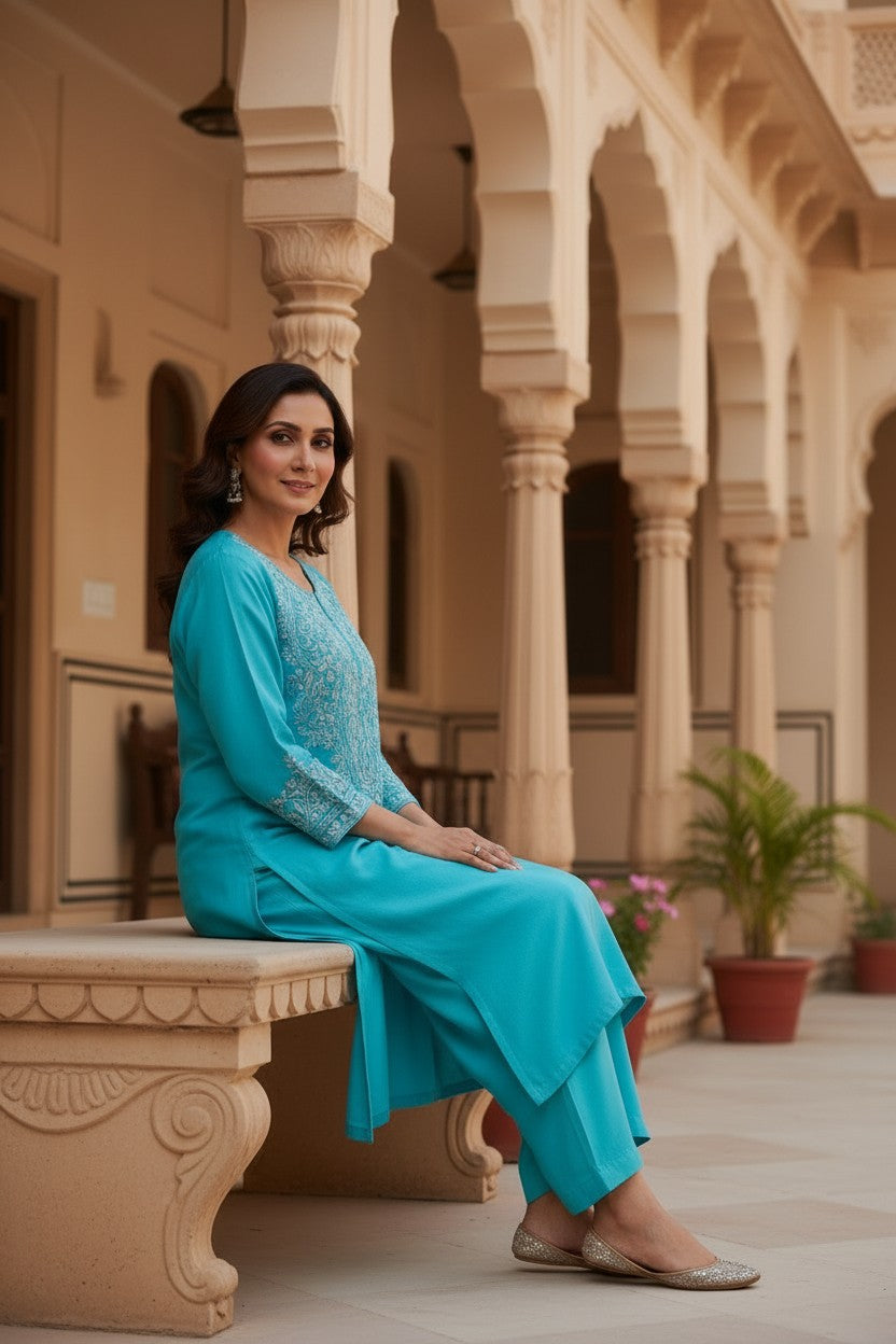 Kashmiri Supan Suits With Aari Embroidery   - Turquoise