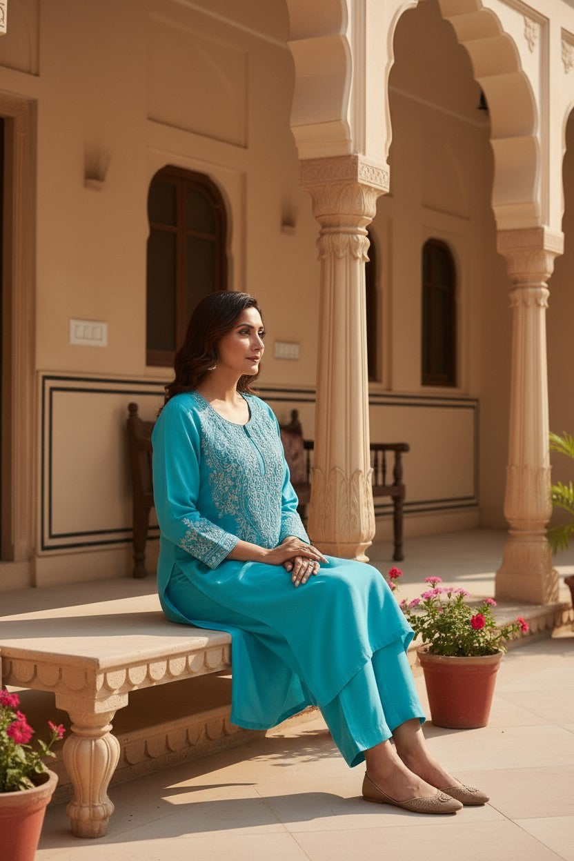 Kashmiri Supan Suits With Aari Embroidery   - Turquoise