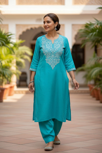Kashmiri Supan Suits With Aari Embroidery   - Turquoise