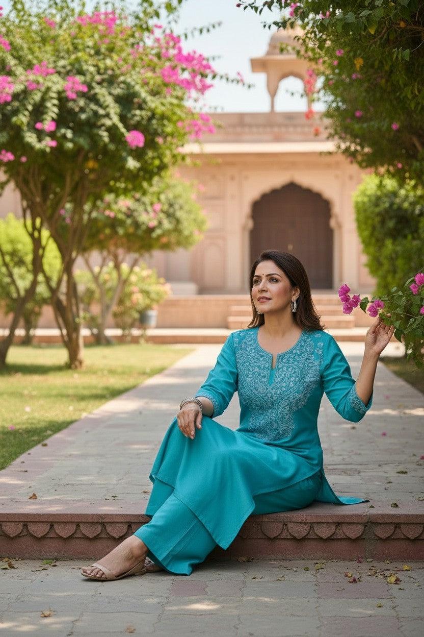 Kashmiri Supan Suits With Aari Embroidery   - Turquoise