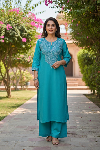 Kashmiri Supan Suits With Aari Embroidery   - Turquoise