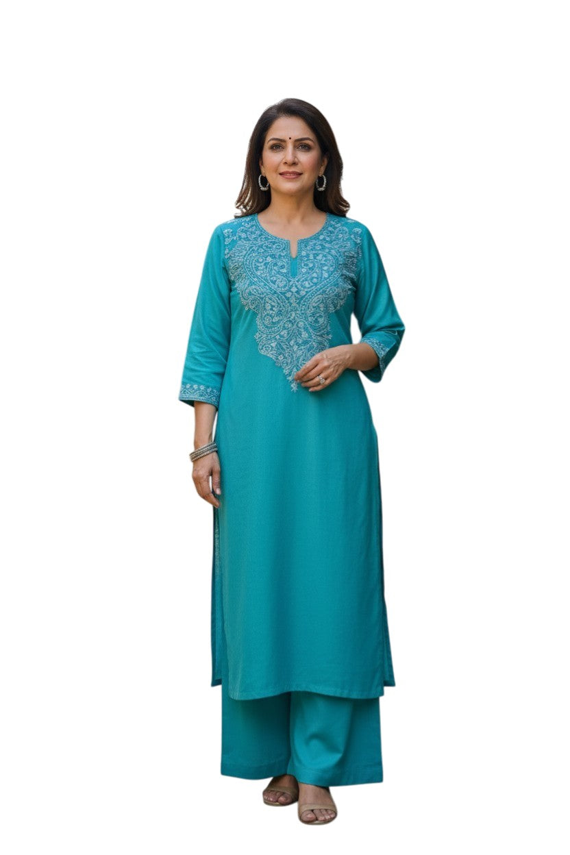 Kashmiri Supan Suits With Aari Embroidery   - Turquoise
