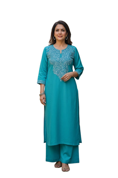 Kashmiri Supan Suits With Aari Embroidery   - Turquoise