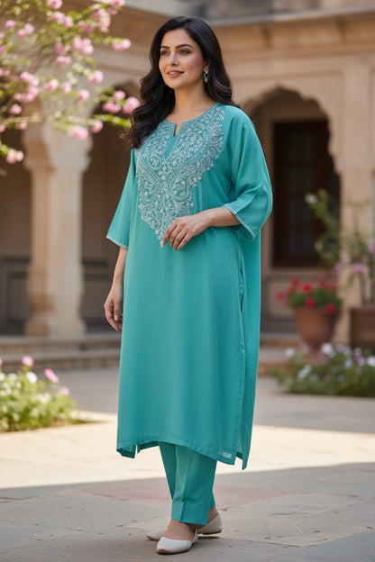 Kashmiri Supan Suits With Aari Embroidery   - Turquoise